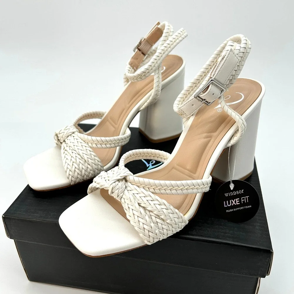 Windsor Chic Steps Womens Block Heels Sz. 6 White Braided Ankle Wrap Elegant NEW